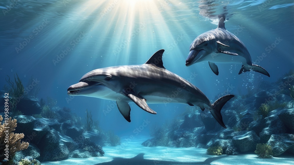 Fototapeta premium Two dolphins swimming in clear blue ocean water with sunlight streaming through the surface