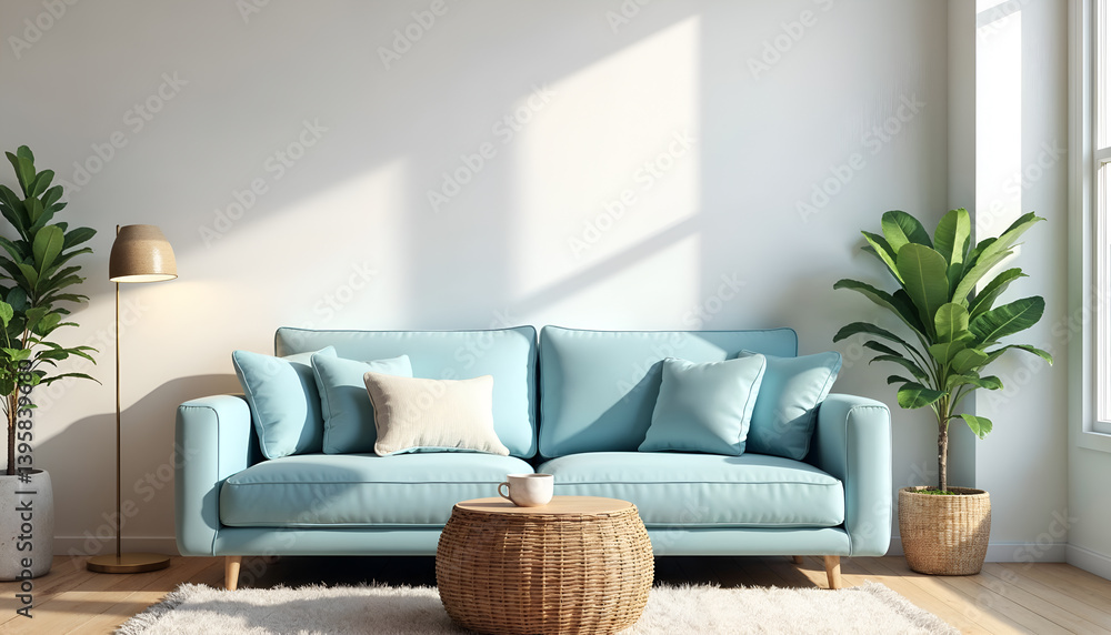 Light Blue Sofa in Modern Home Interior Mockup