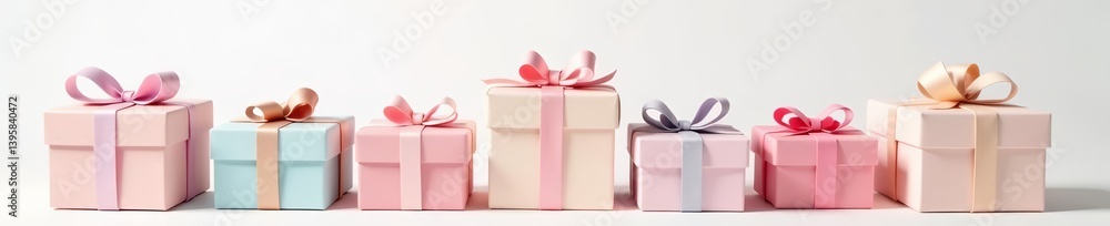 Obraz premium Pastel gift boxes in a neat pile on a white background, colorful, stack