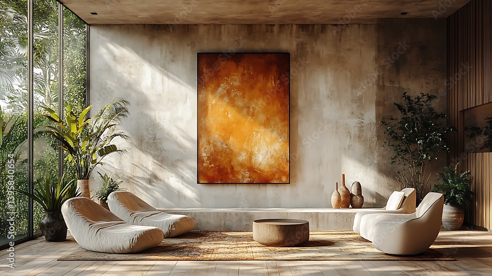 Sunlit Minimalist Living Room with Abstract Art, Neutral Colors, and Natural Elements creating a Peaceful Atmosphere.