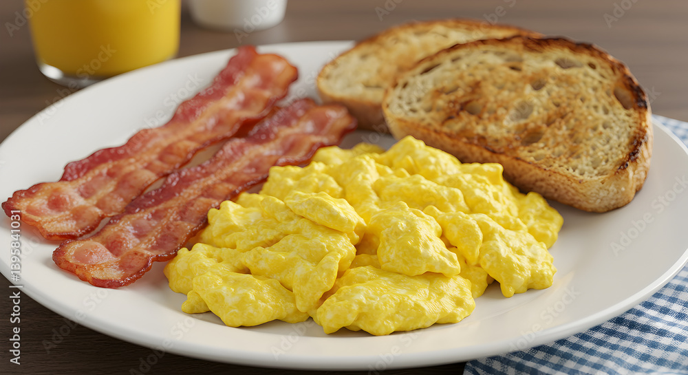 Breakfast Plate with Scrambled Eggs, Bacon and Toasted Sourdough Breakfast Plate with Scrambled Eggs, Bacon and Toasted Sourdough