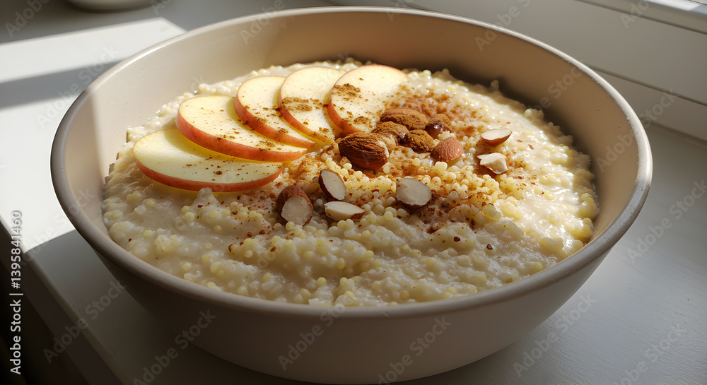 Hot Bowl Of Millet Porridge With Apple Slices Cinnamon And Toasted Almonds Hot Bowl Of Millet Porridge With Apple Slices Cinnamon And Toasted Almonds
