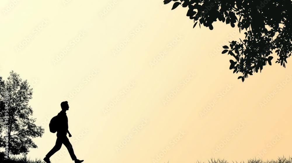 Silhouette of Person Walking with Backpack Against Light Sky Background Silhouette of Person Walking with Backpack Against Light Sky Background