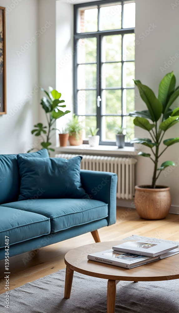 Light Blue Sofa in Modern Home Interior Mockup
