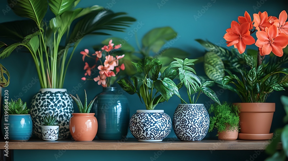 Variety of Houseplants in Decorative Vases and Pots Arranged on Wooden Shelf against a Deep Blue-Green Wall.