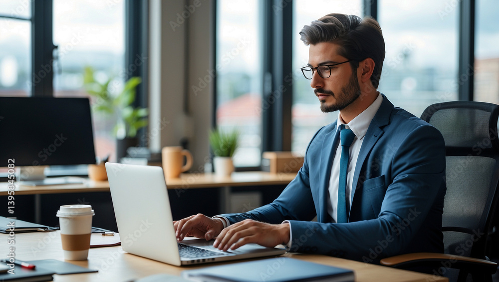 Business professional working at desk with coffee Business professional working at desk with coffee