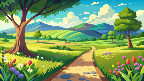 Tarmac foot path through a beautiful green grass and wild flowers meadow on a sunny summer day with trees and scenic hills in the distance. Landscape at the Kiltipper Park in Dublin, Ireland.