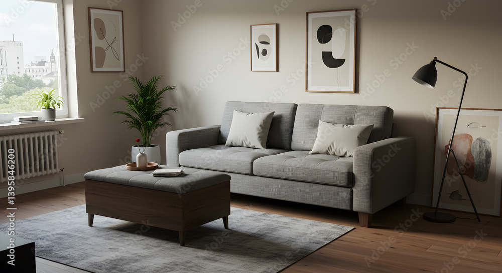 Fototapeta premium Stylish Apartment With A Modern Sofa And Storage Ottoman Illustration
