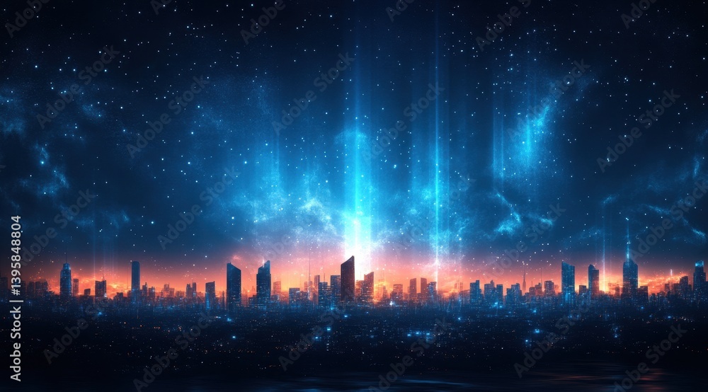Fototapeta premium Futuristic City Skyline Illuminated by Neon Lights Against Starry Night Sky