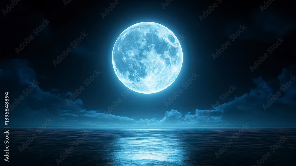 Fototapeta premium Majestic Blue Full Moon Over Serene Ocean at Night Sky