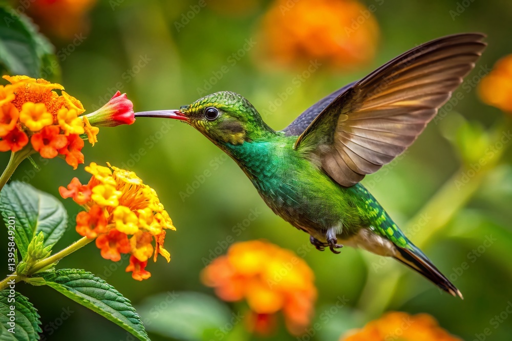 Fototapeta premium Green-crowned Brilliant Hummingbird on Lantana, Boquete, Panama