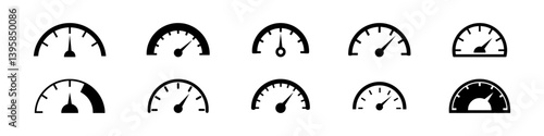 Speedometer icon. Speed indicator, Internet car speed. Performance concept. Speedometer set. Fast speed sign. Vector illustration.