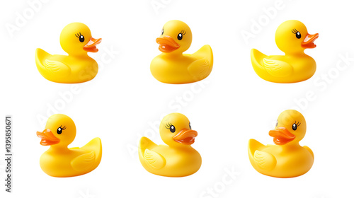 Pack Rubber Ducky Toy Set in Different Poses Against Transparent Background for Toy Branding, Baby Products, or Playful Design
