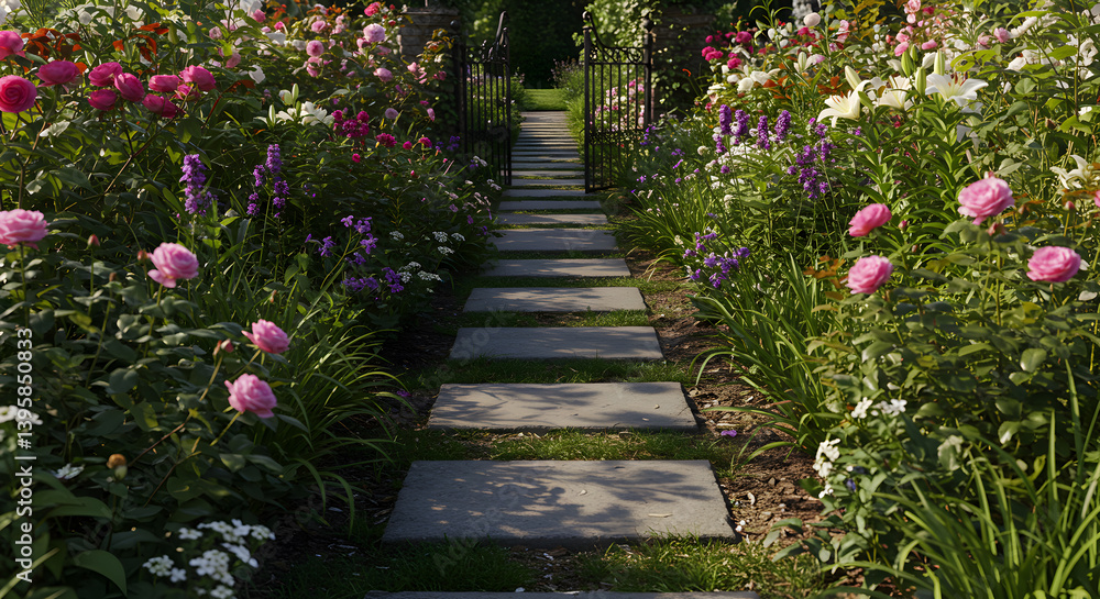 Victorian Garden Path with Stepping Stones and Lush Floral Borders Victorian Garden Path with Stepping Stones and Lush Floral Borders