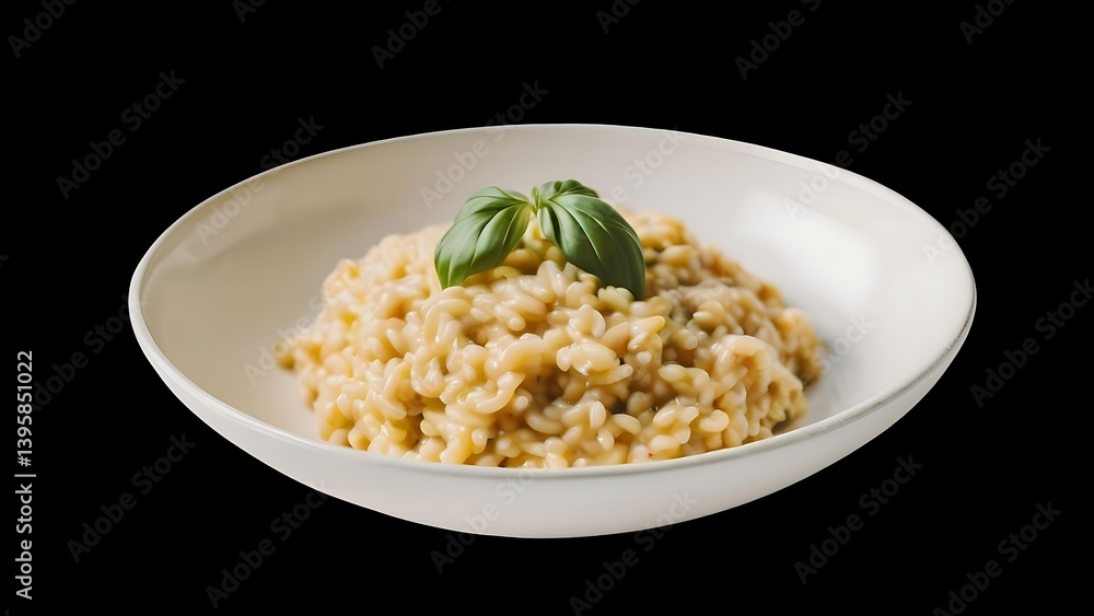 Creamy risotto topped with fresh basil, served in a white bowl against a stark black background, showcases Italian culinary tradition. Creamy risotto topped with fresh basil, served in a white bowl against a stark black background, showcases Italian culinary tradition.