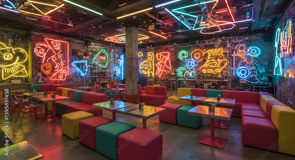 Obraz premium Vibrant Dining Space with Modular Seating and Captivating Neon Art Displays
