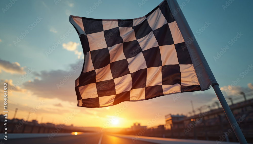 Obraz premium Checkered racing flag waving against stunning sunset sky. Finish line in sight on track. Racing flag detail at the end of a race. Sport competition symbol of victory. Motion and speed.