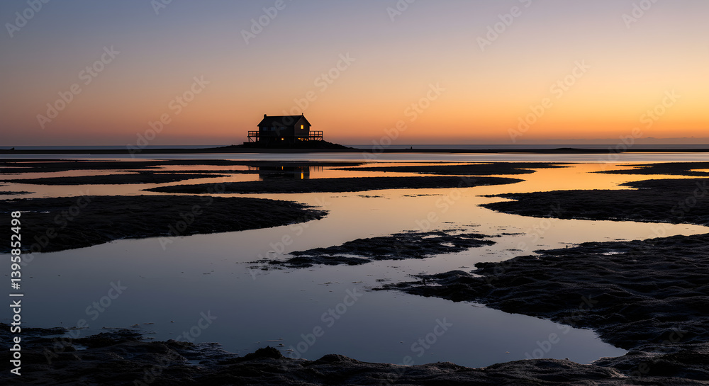 Fototapeta premium Tide Pools Reflecting The Silhouette Of A Distant Beach House At Sunset