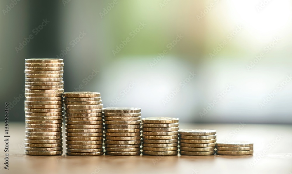 Stacks of gold coins arranged in descending height, symbolizing financial decline or budget reduction, with soft blurred background. Great for finance, economy, and business concepts Stacks of gold coins arranged in descending height, symbolizing financial decline or budget reduction, with soft blurred background. Great for finance, economy, and business concepts