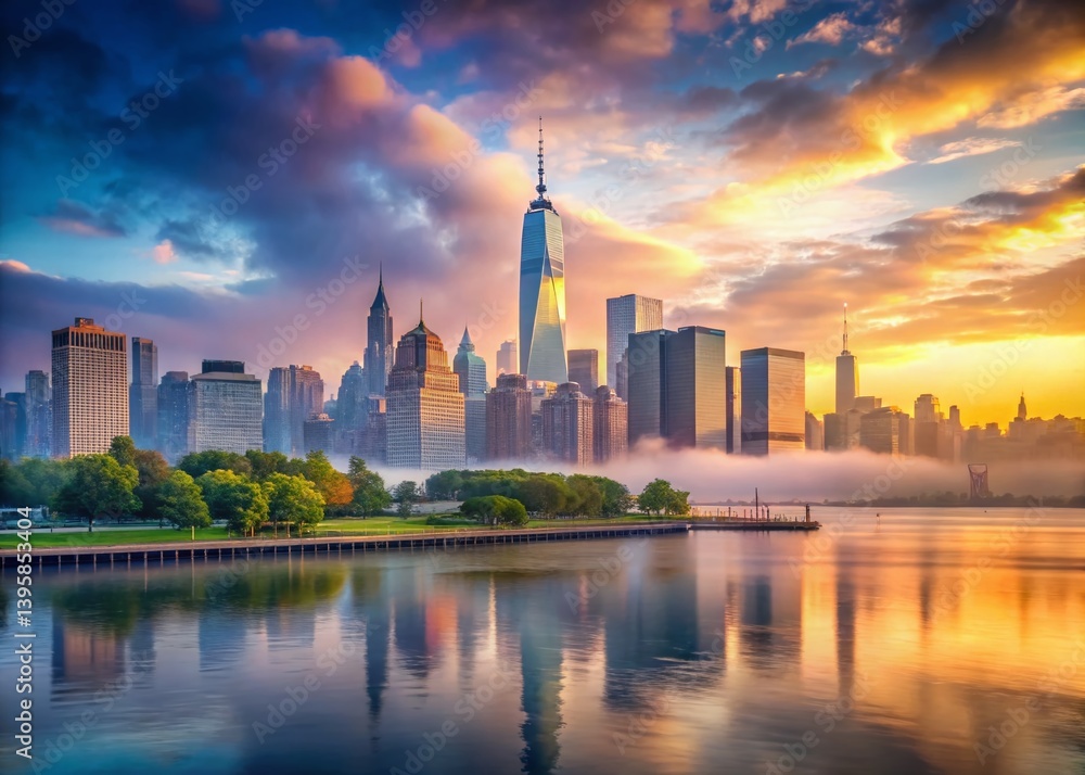 Fototapeta premium Grey NYC Skyline & Hudson River Park: Dramatic Dawn Cityscape