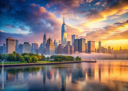 Wallpaper Mural Grey NYC Skyline & Hudson River Park: Dramatic Dawn Cityscape Torontodigital.ca