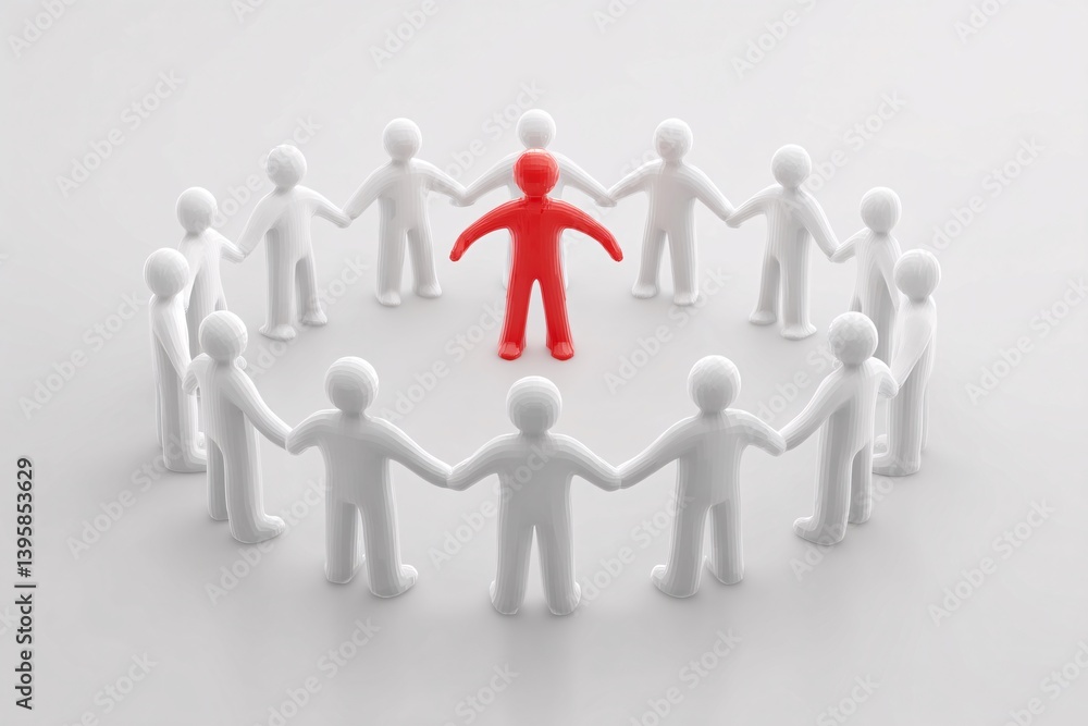 Standing Out: A symbolic depiction of individuality and leadership, showcasing a red figure in the center surrounded by a circle of connected figures. Standing Out: A symbolic depiction of individuality and leadership, showcasing a red figure in the center surrounded by a circle of connected figures.