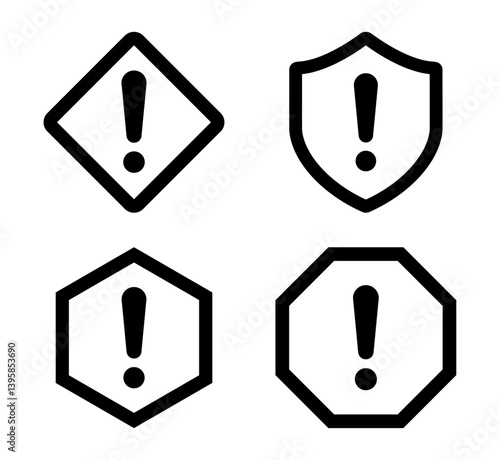 Set of warning icons with exclamation marks in various shape diamond, shield, hexagon, octagon. Simple vector design for UI, signs, alerts, and safety labels. Vector, icons.