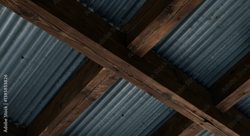 Obraz premium Rustic Charm Weathered Wooden Beams Crossing Corrugated Metal Ceiling