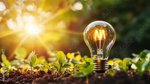 Light Bulb Among Green Plants Illuminating Soil in Bright Natural Setting During Golden Hour