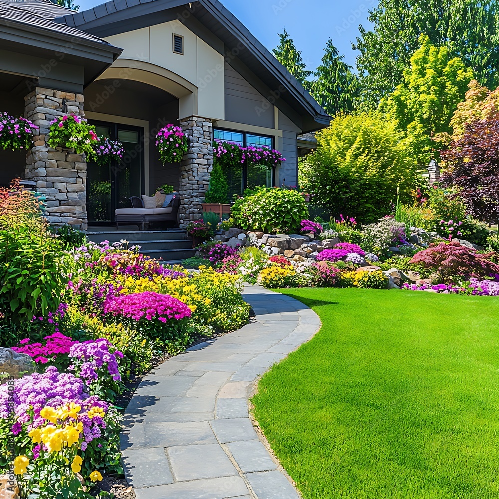 Fototapeta premium Stunning garden with stone walkway and colorful flowers in bloom