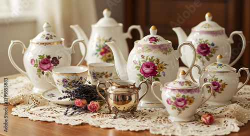 Wallpaper Mural Elegant Vintage Tea Service Still Life with Floral Porcelain Teapots Torontodigital.ca