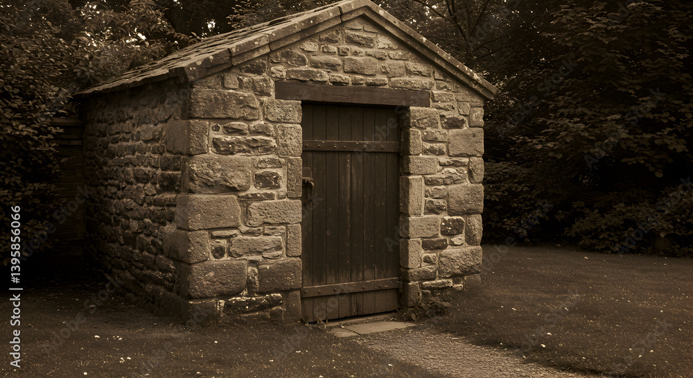 Fototapeta premium Historic Victorian Icehouse Structure With Thick Stone Walls and Wooden Door