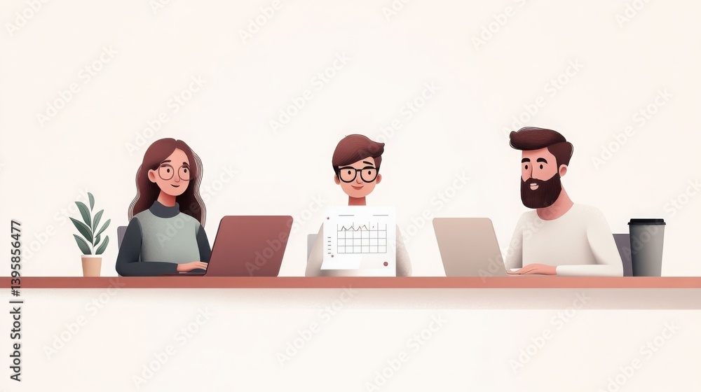 Flat art illustration of a diverse office team collaborating at a modern workspace, with laptops Flat art illustration of a diverse office team collaborating at a modern workspace, with laptops