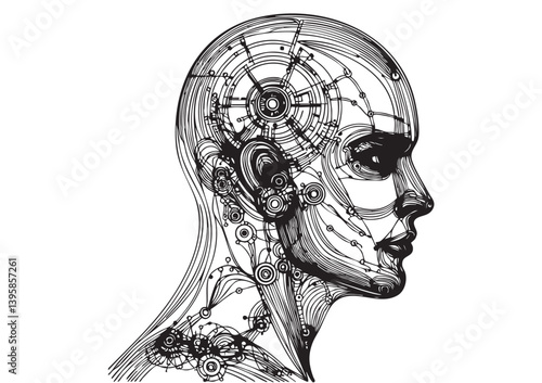 AI artificial intelligence and digital technology brain data robot conceptual. humanoid face line art.continuous line drawing sketch