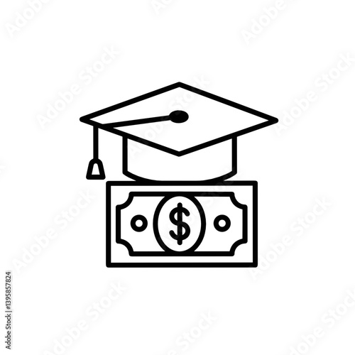 Graduation Cap with Money Icon in Black and White  
