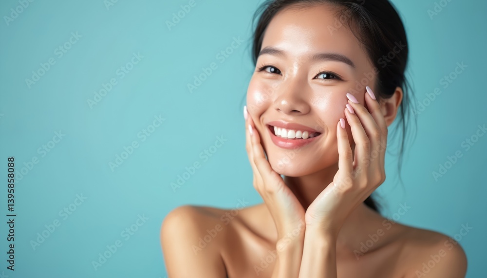 Asian woman touches her healthy glowing face. Smiling model with natural makeup enjoys hydrated skin. Beauty skincare routine. Fresh, clean, youthful, smooth, radiant skin on blue background. Asian woman touches her healthy glowing face. Smiling model with natural makeup enjoys hydrated skin. Beauty skincare routine. Fresh, clean, youthful, smooth, radiant skin on blue background.
