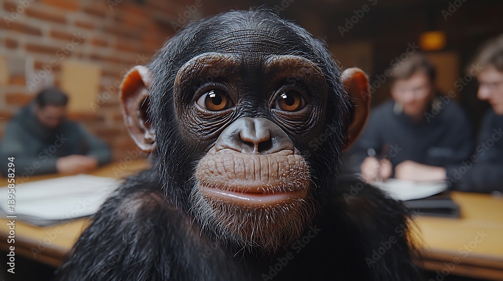Split screen visual of monkey playfully mimicking language lessons on one side and on the other side a group of scientists taking notes astonished by Kanzis progress Split screen visual of monkey playfully mimicking language lessons on one side and on the other side a group of scientists taking notes astonished by Kanzis progress