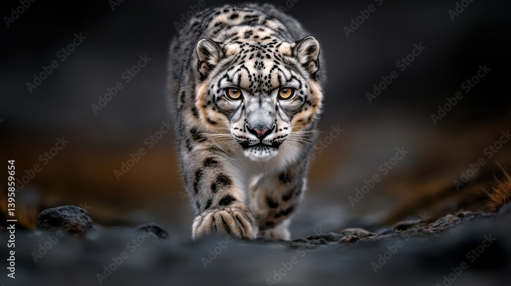 Fototapeta premium A snow leopard navigating through rocky terrain in the Himalayas
