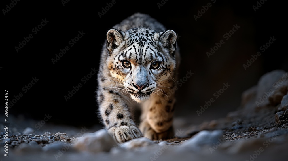 Fototapeta premium A snow leopard navigating through rocky terrain in the Himalayas