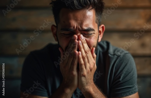 Wallpaper Mural Emotional man cry covering face with hands. Close-up shot of person with stressed or depressed expression. Concept of sorrow sadness loneliness despair grief. Torontodigital.ca