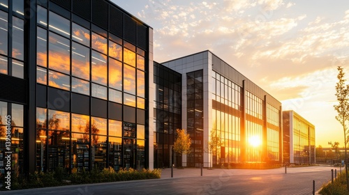 Wallpaper Mural Modern buildings reflect a vibrant sunset, showcasing sleek architecture and a serene atmosphere on a clear evening. Torontodigital.ca