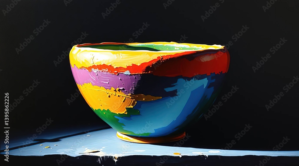 A colorful bowl with paint strokes on a dark surface background art