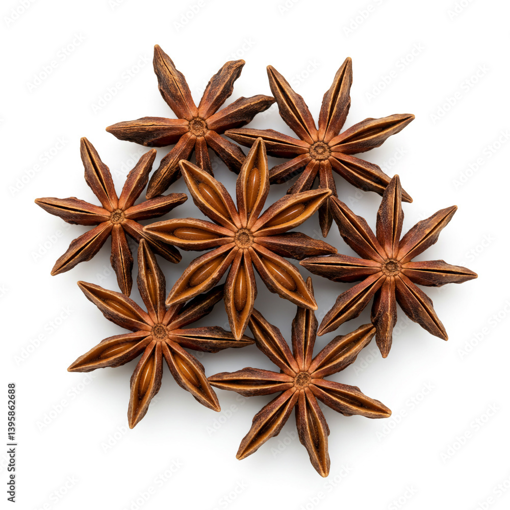 A captivating cluster of star anise, their rich brown hues and intricate star shapes creating a fragrant, exotic still life against a pristine white backdrop. A captivating cluster of star anise, their rich brown hues and intricate star shapes creating a fragrant, exotic still life against a pristine white backdrop.