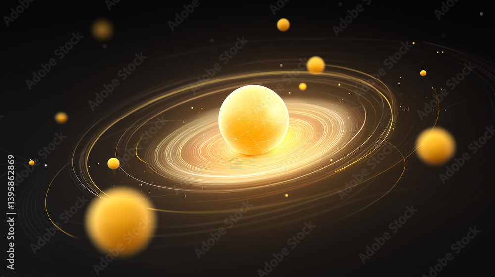 Obraz premium glowing central sphere surrounded by orbiting smaller spheres creates artistic representation of solar system, evoking sense of cosmic wonder and energy