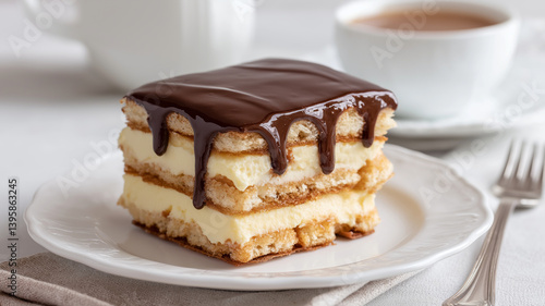 delicious chocolate eclair cake made without baking, featuring layers of creamy filling and topped with rich chocolate glaze, served on white plate with cup of tea