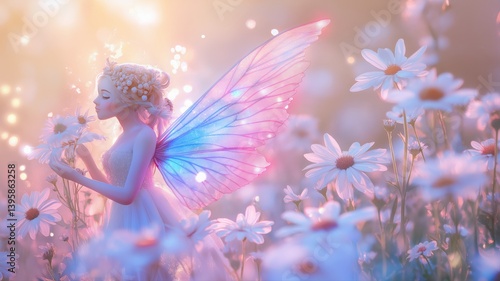 Enchanted fairy exploring a meadow full of blooming daisies during sunset