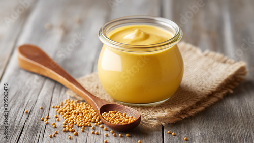 close up of glass jar filled with creamy yellow mustard, placed on rustic wooden table with mustard seeds scattered beside wooden spoon. scene evokes sense of homemade simplicity