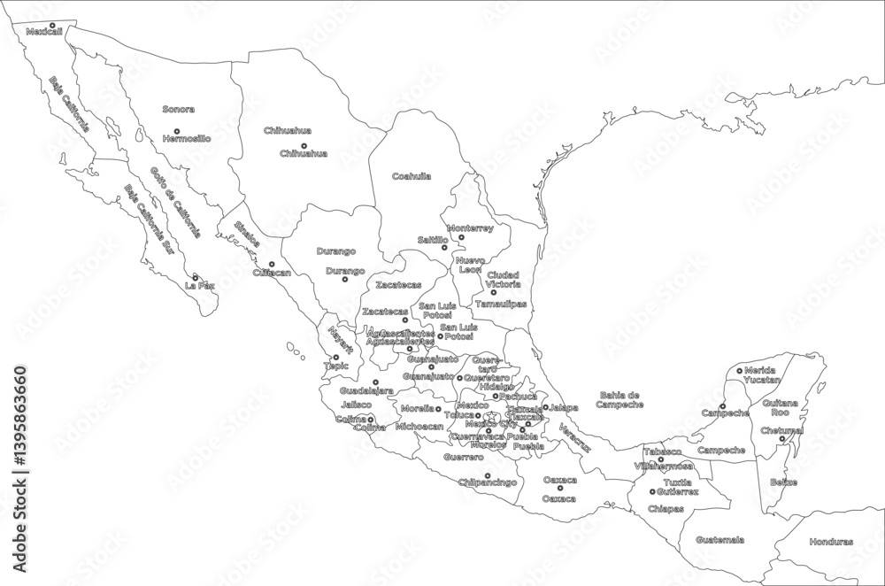 Outline Political Map of Mexico with State Names and Capital Outline Political Map of Mexico with State Names and Capital