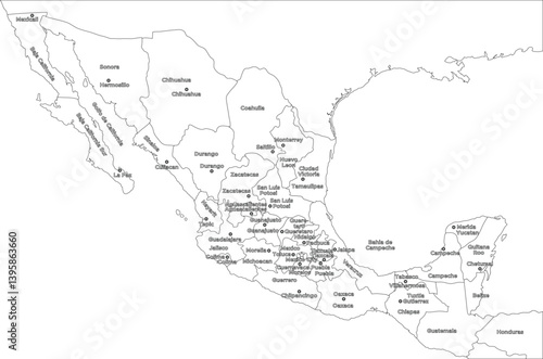Outline Political Map of Mexico with State Names and Capital