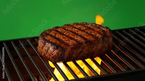Juicy grilled steak on flaming BBQ with green screen background for cooking and food concepts